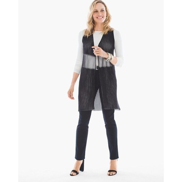 Chicos Vest Penney Black White Ribbed Open Front Sleeveless - Picture 3 of 10